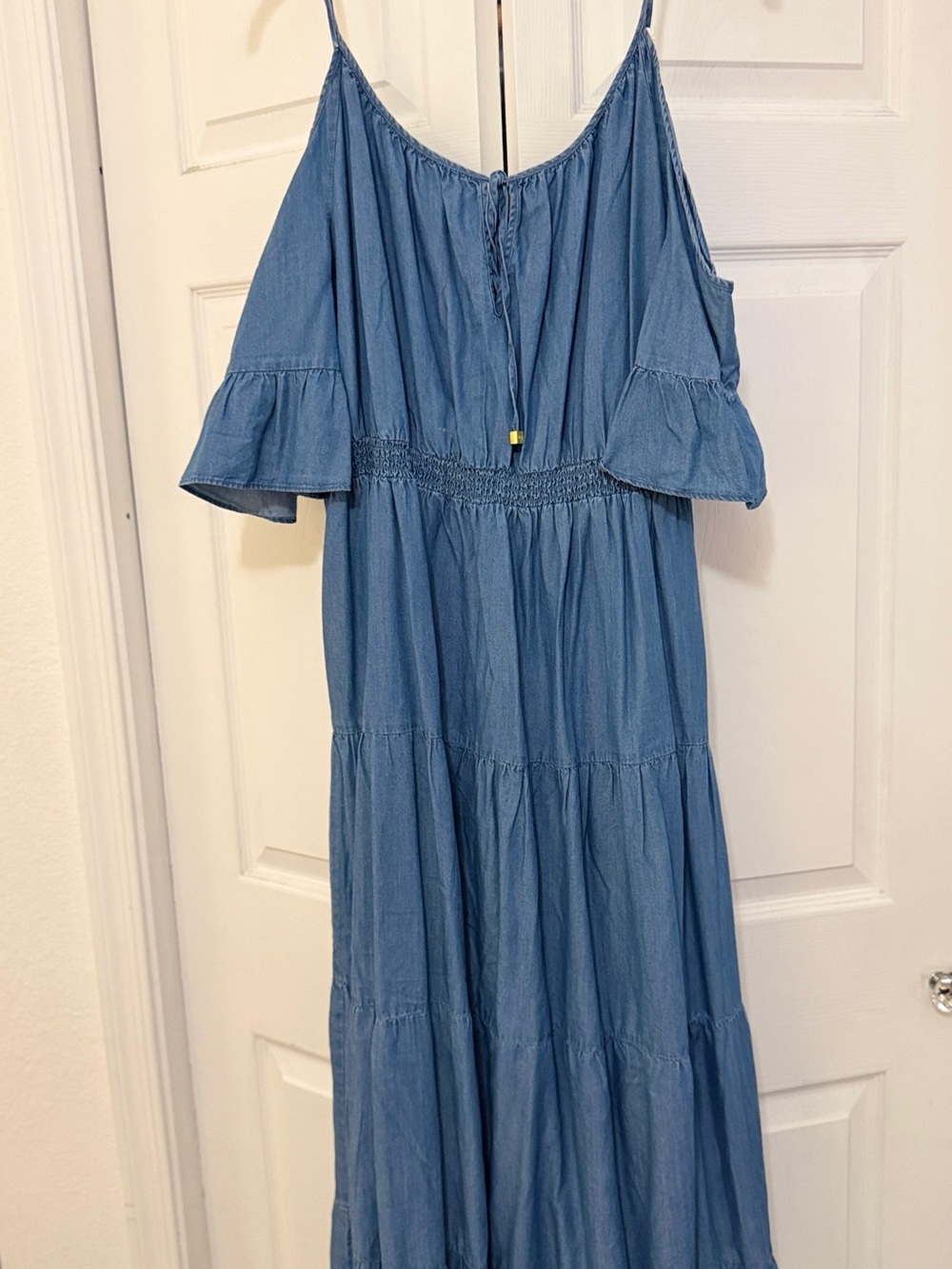 Cold-Shoulder Chambray Maxi Dress in Light Blue